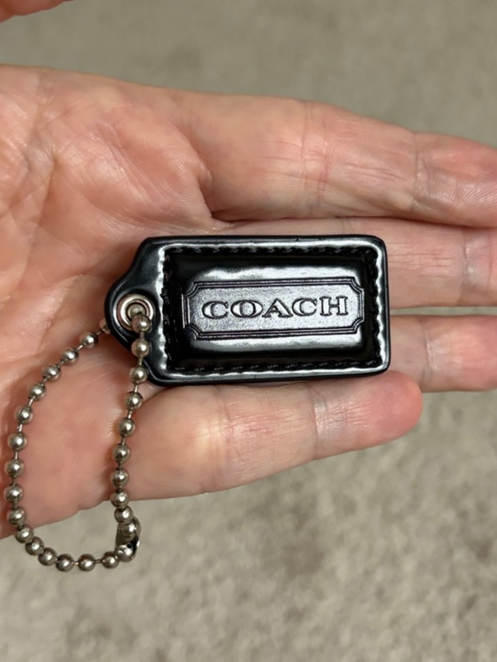 Coach Black Patent Leather Key Tag with Metal Ball Chain